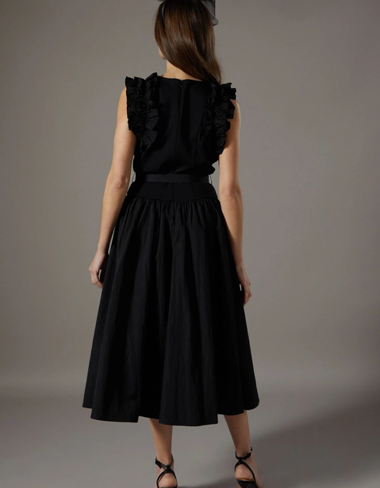 Taffeta Ruffle Belted Dress