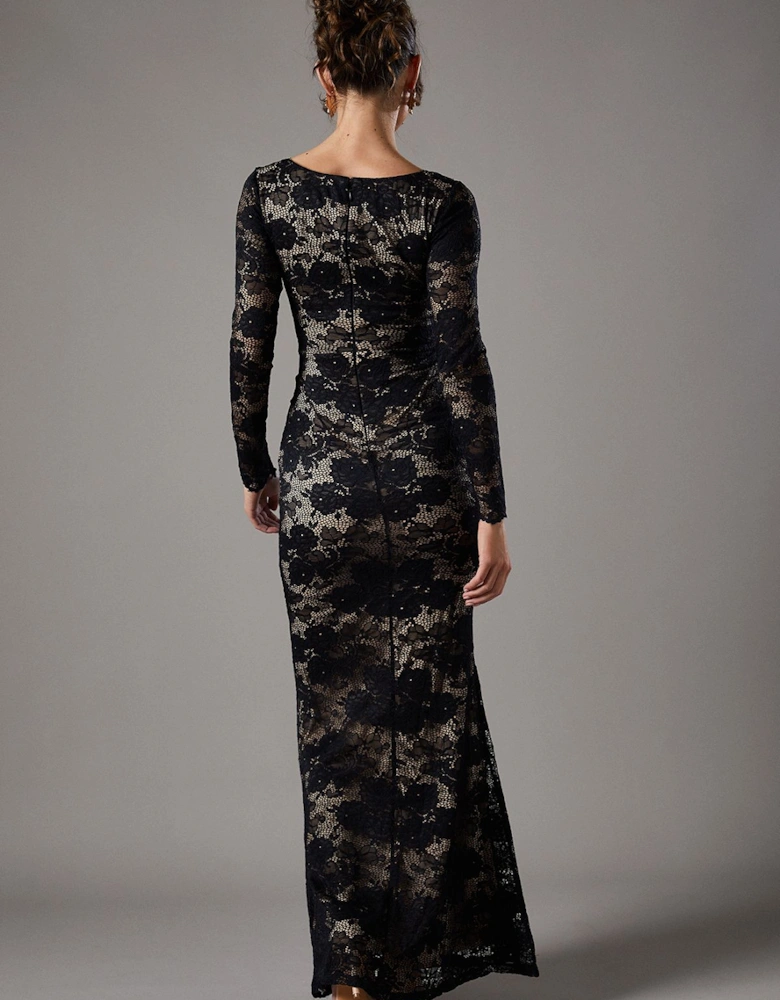 Lace Maxi Dress With Square Neck & Long Sleeve