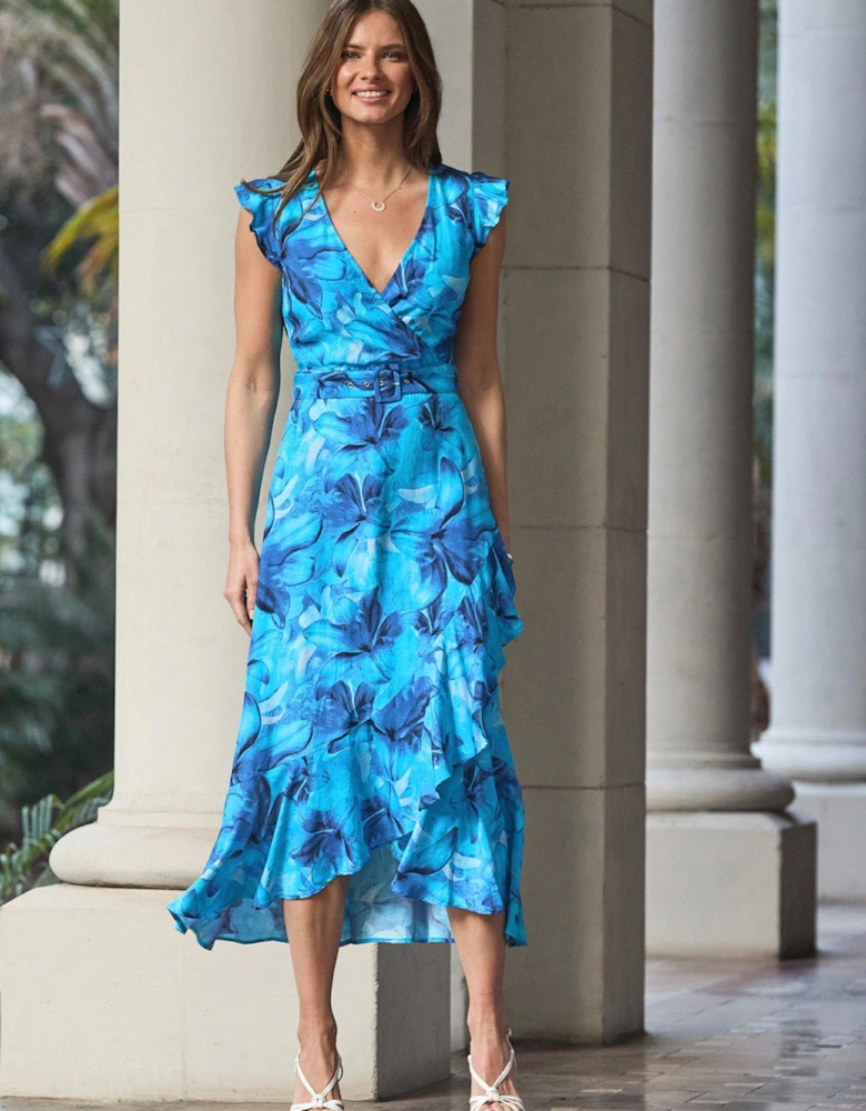 Floral Print Wrap Ruffle Hem Midi Dress  - Blue