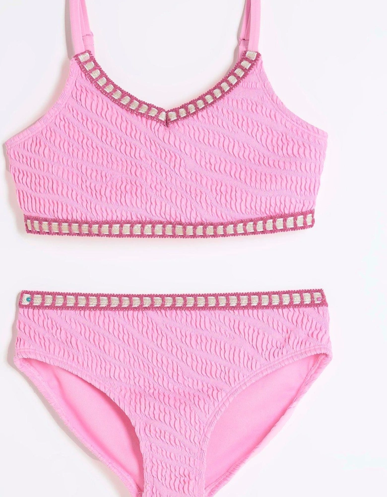 Girls Blanket Stitch Bikini Set - Bright Pink