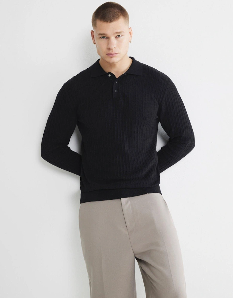 Long Sleeve Spring Snap Polo Shirt - Black