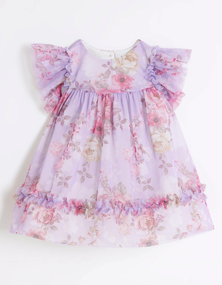 Baby Girls Mesh Floral Printed Dress - Lilac