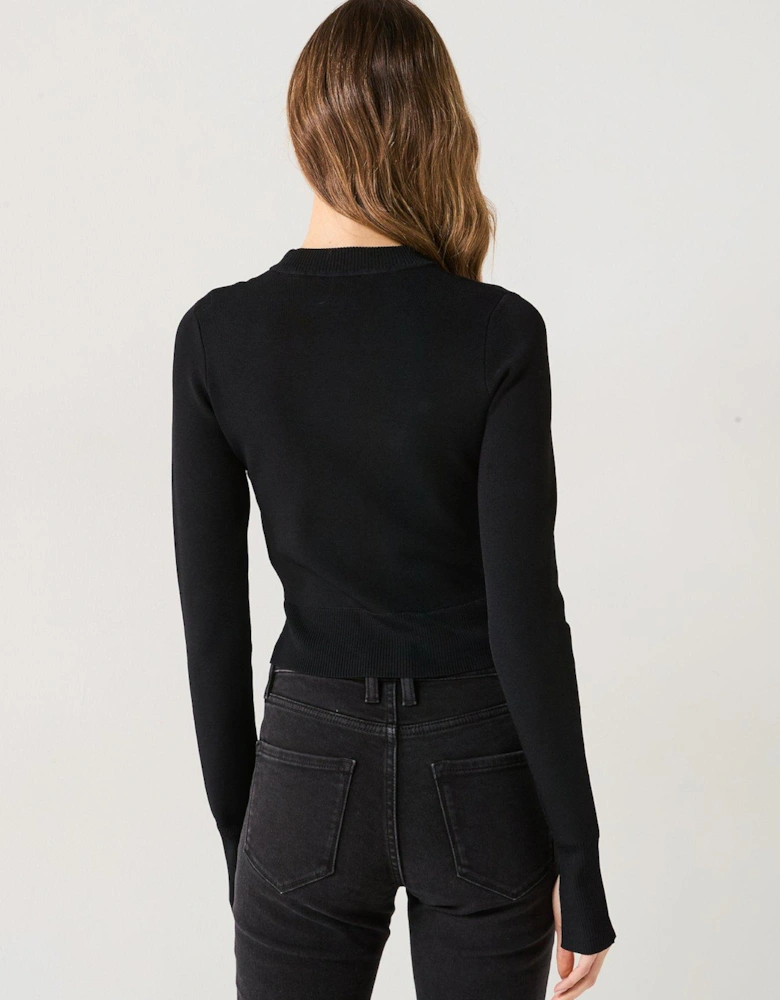 Button Detail Cropped Knit Jumper - Black