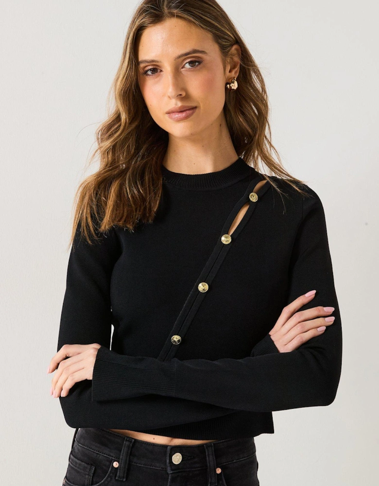 Button Detail Cropped Knit Jumper - Black