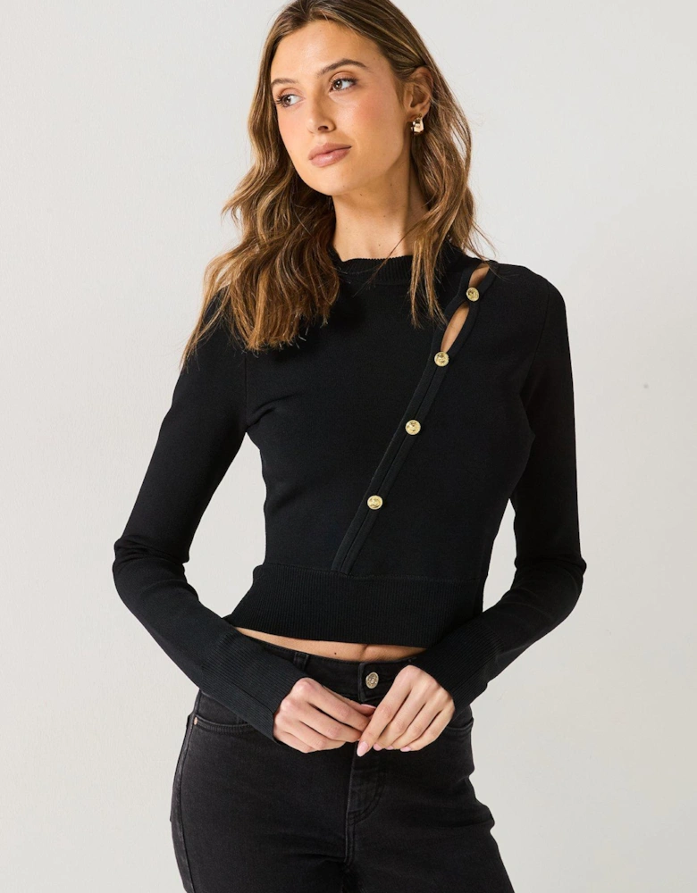 Button Detail Cropped Knit Jumper - Black