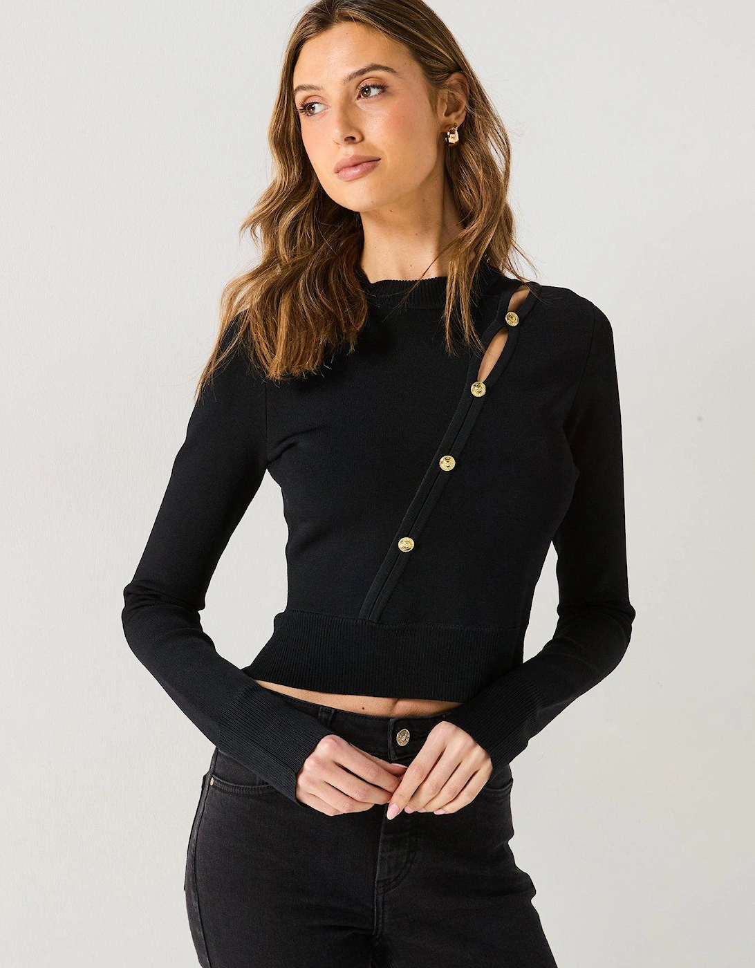 Button Detail Cropped Knit Jumper - Black