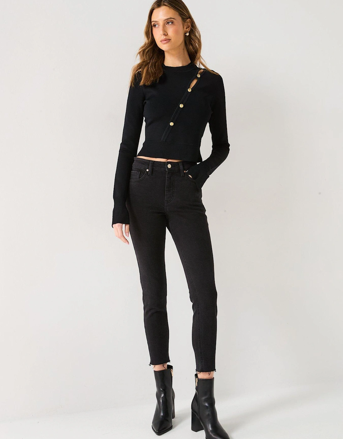 Button Detail Cropped Knit Jumper - Black