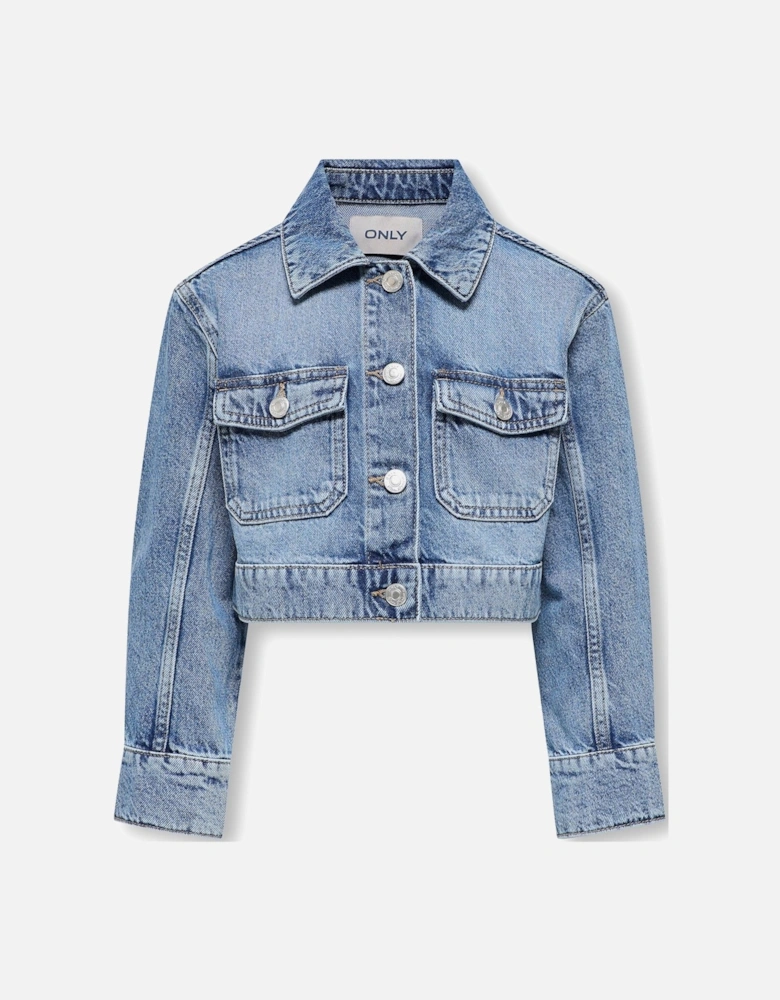 Girls Cropped Denim Jacket - Medium Blue Denim