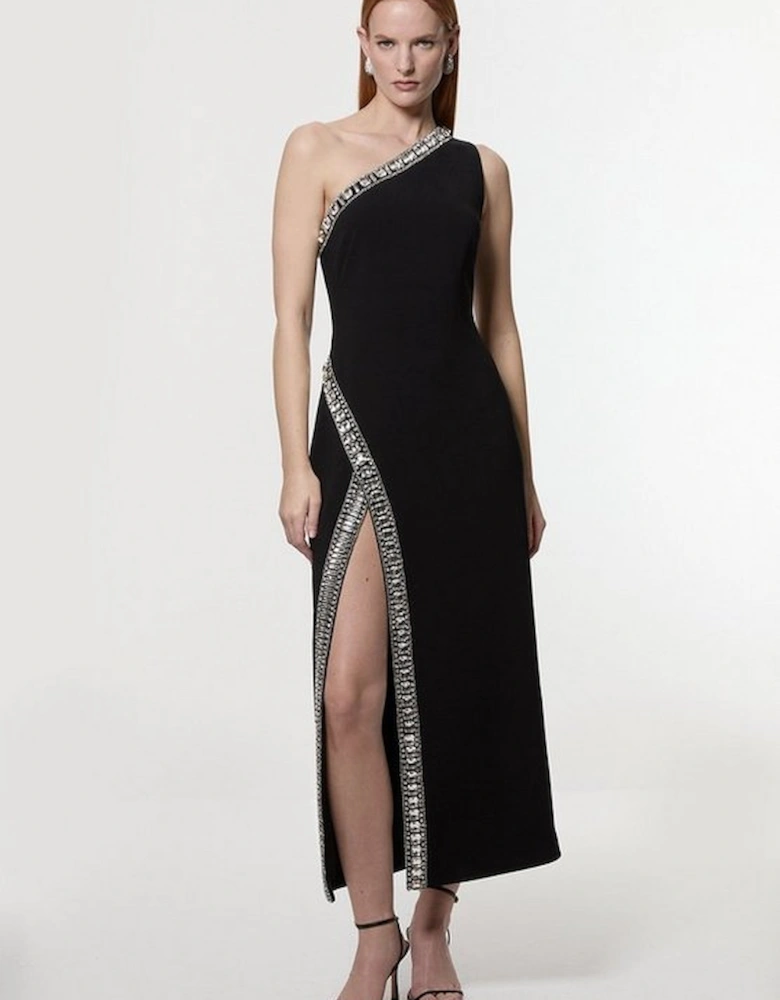 Crystal Embellished One Shoulder Woven Maxi Dress