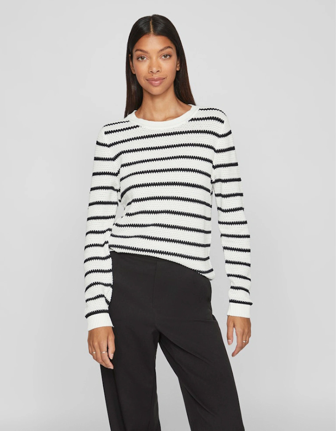 Dalo O-Neck Long Sleeve Stripe Knit Pullover White Alyssum/Black, 8 of 7