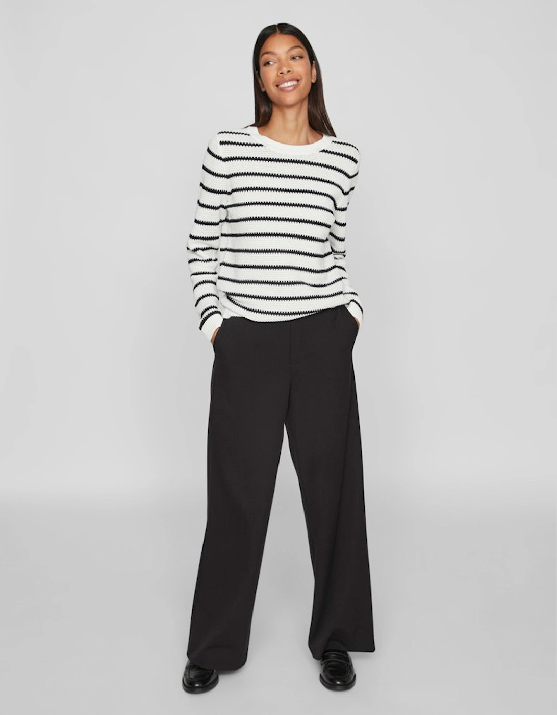 Dalo O-Neck Long Sleeve Stripe Knit Pullover White Alyssum/Black