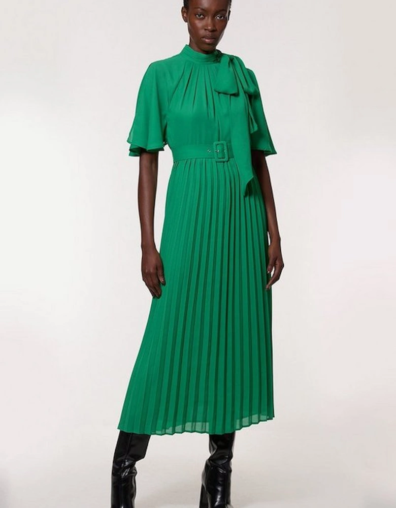 Georgette Pleated Tie Neck Woven Midi Dress