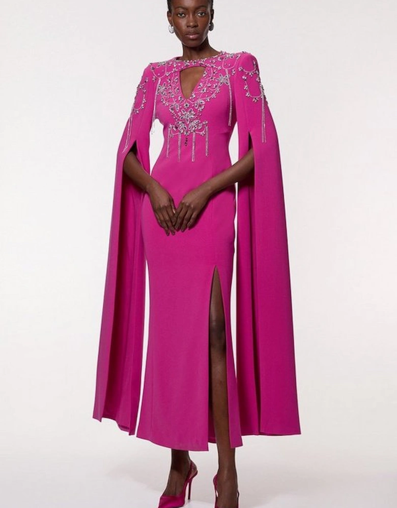 Crystal Embellished Cady Woven Cape Maxi Dress