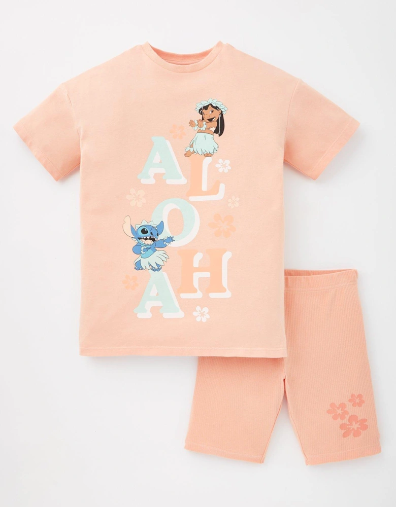 Lilo And Stitch 2 Piece T-shirt And Cycling Short Set - Orange