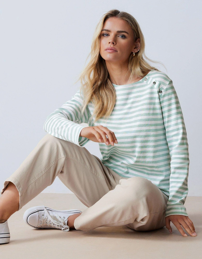 Petite Stripe Button Top - Green