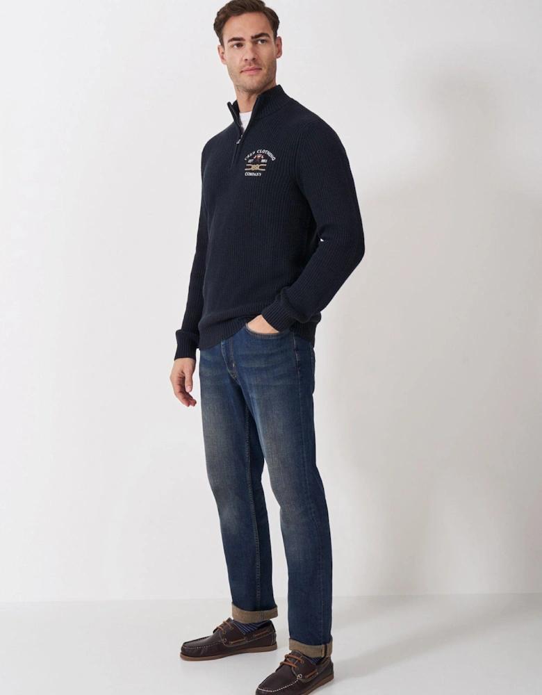 Crest Fleece Embroidered 1/4 Zip Knitted Jumper - Navy