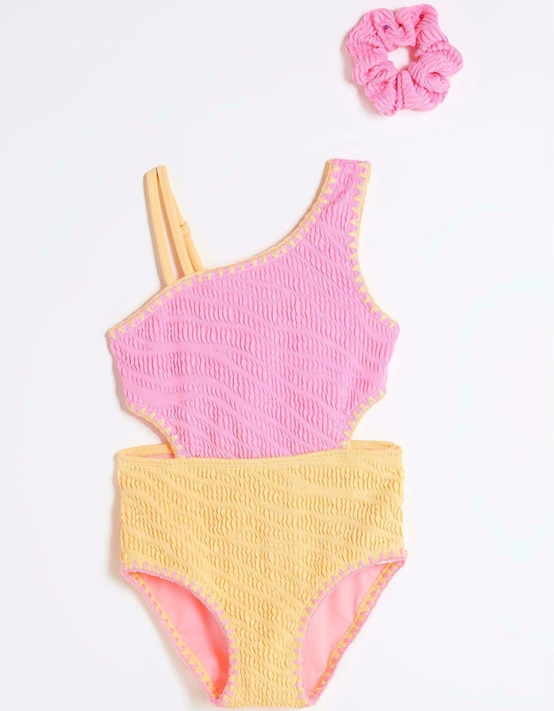 Girls Zebra Textured Swimsuit Set - Orange & Pink