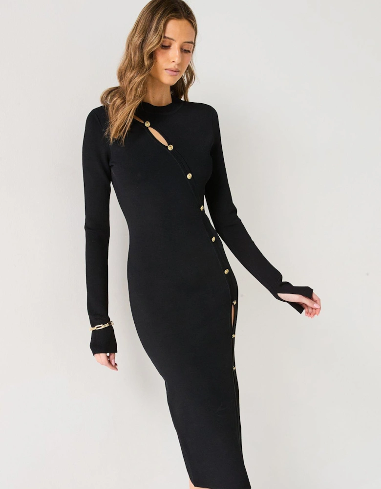 Button Detail Midi Dress - Black