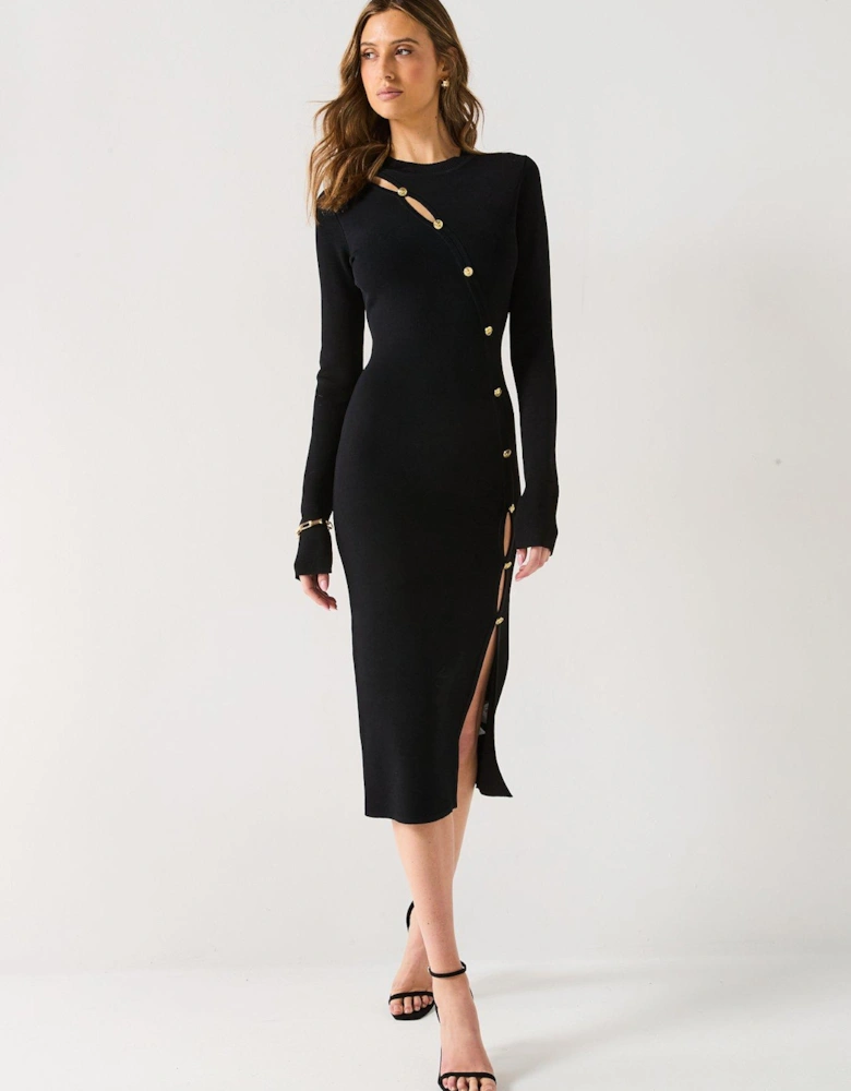 Button Detail Midi Dress - Black