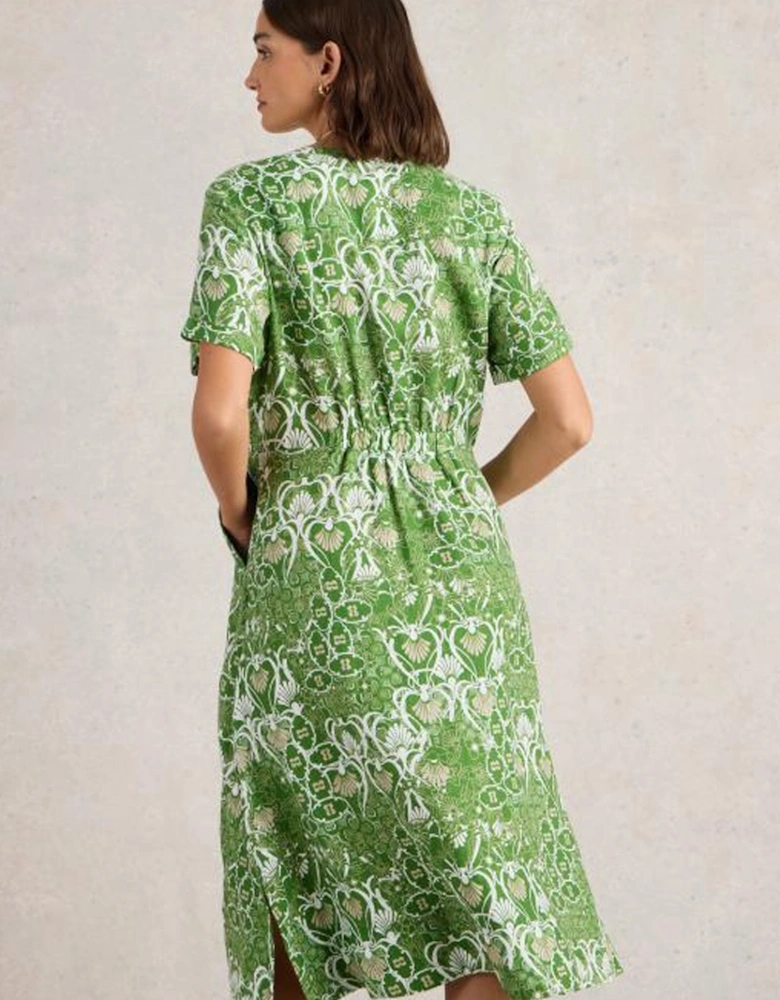 Women's Iris Linen Dress Petite Green Print