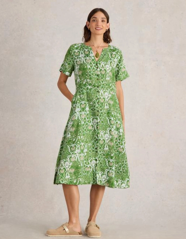 Women's Iris Linen Dress Regular Green Print