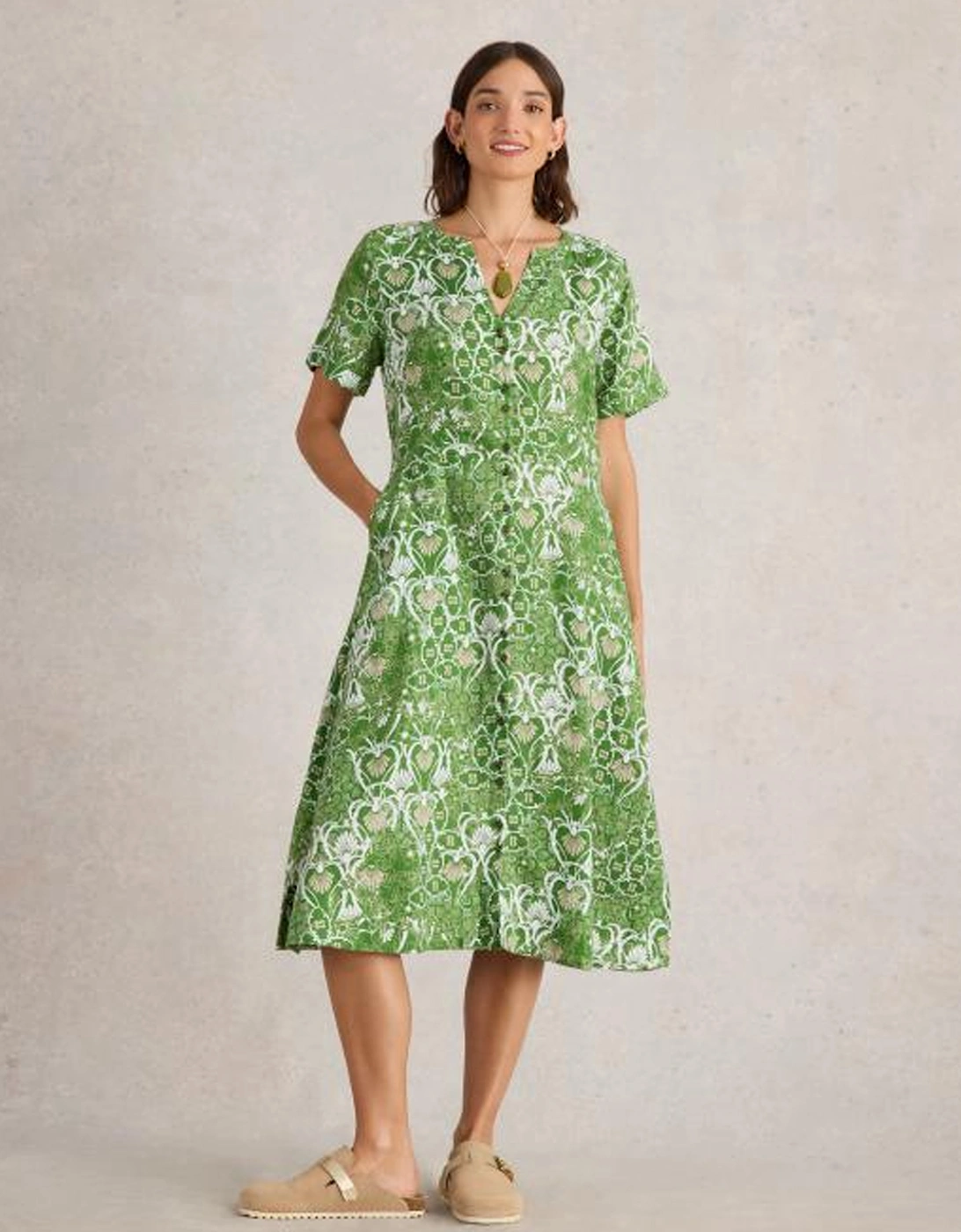 Women's Iris Linen Dress Regular Green Print, 7 of 6