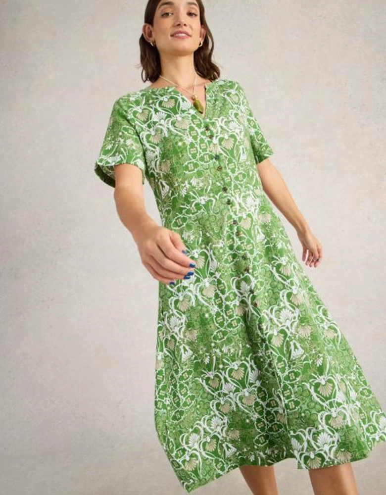 Women's Iris Linen Dress Regular Green Print