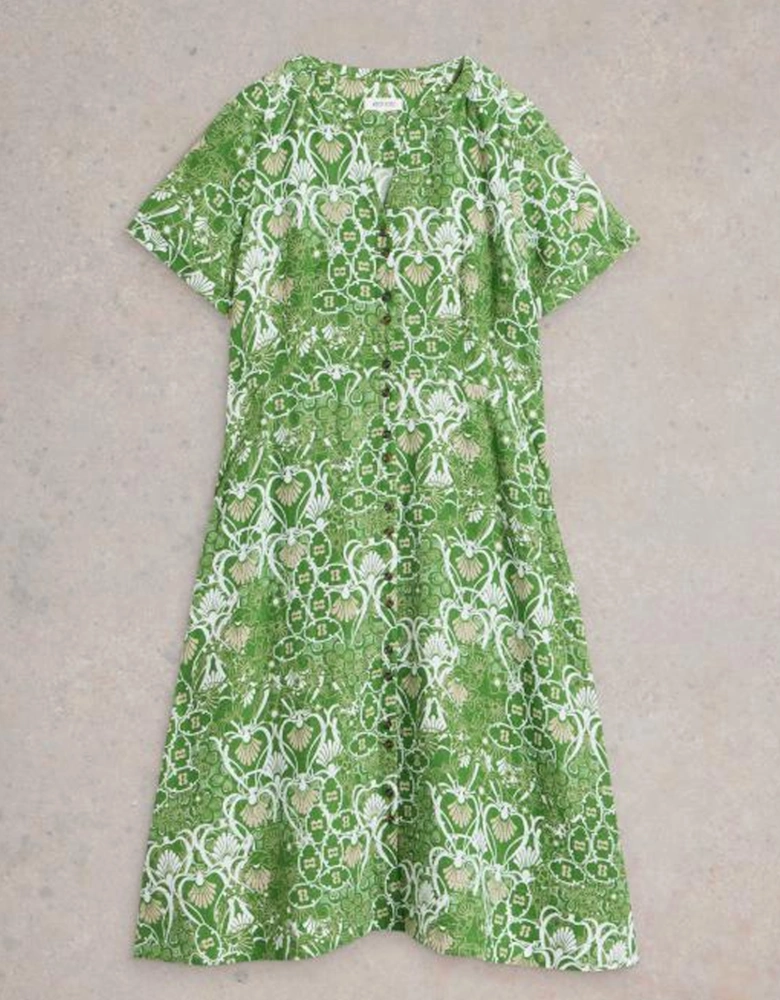 Women's Iris Linen Dress Regular Green Print