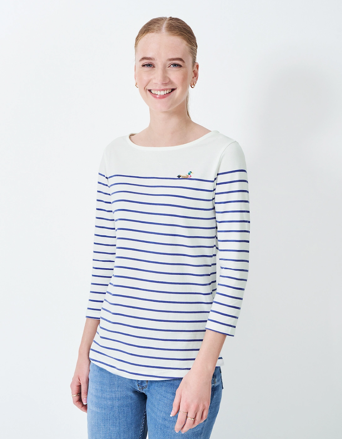 Women's Embroidered Essential Breton White/Navy/Duck Embroidery, 6 of 5