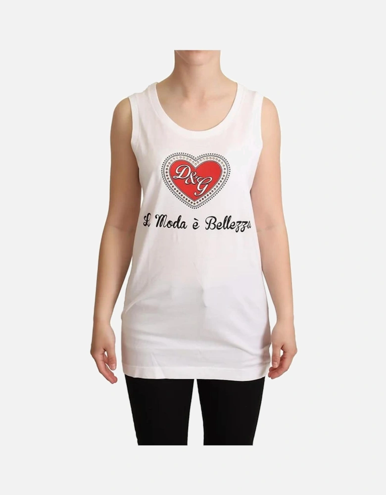 Heart Logo Cotton Tank Top with Diamond Decoration. Women - White