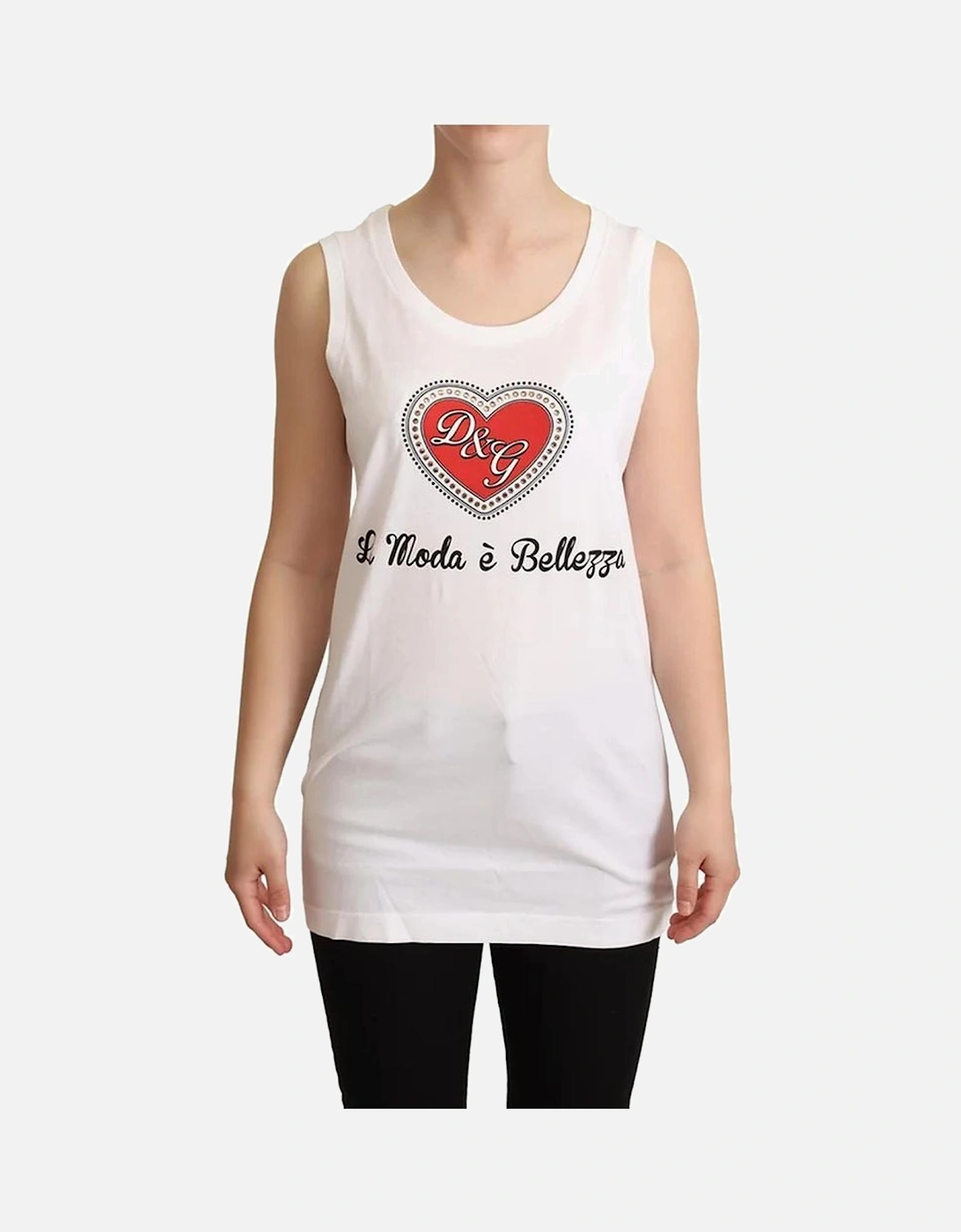 Heart Logo Cotton Tank Top with Diamond Decoration. Women - White