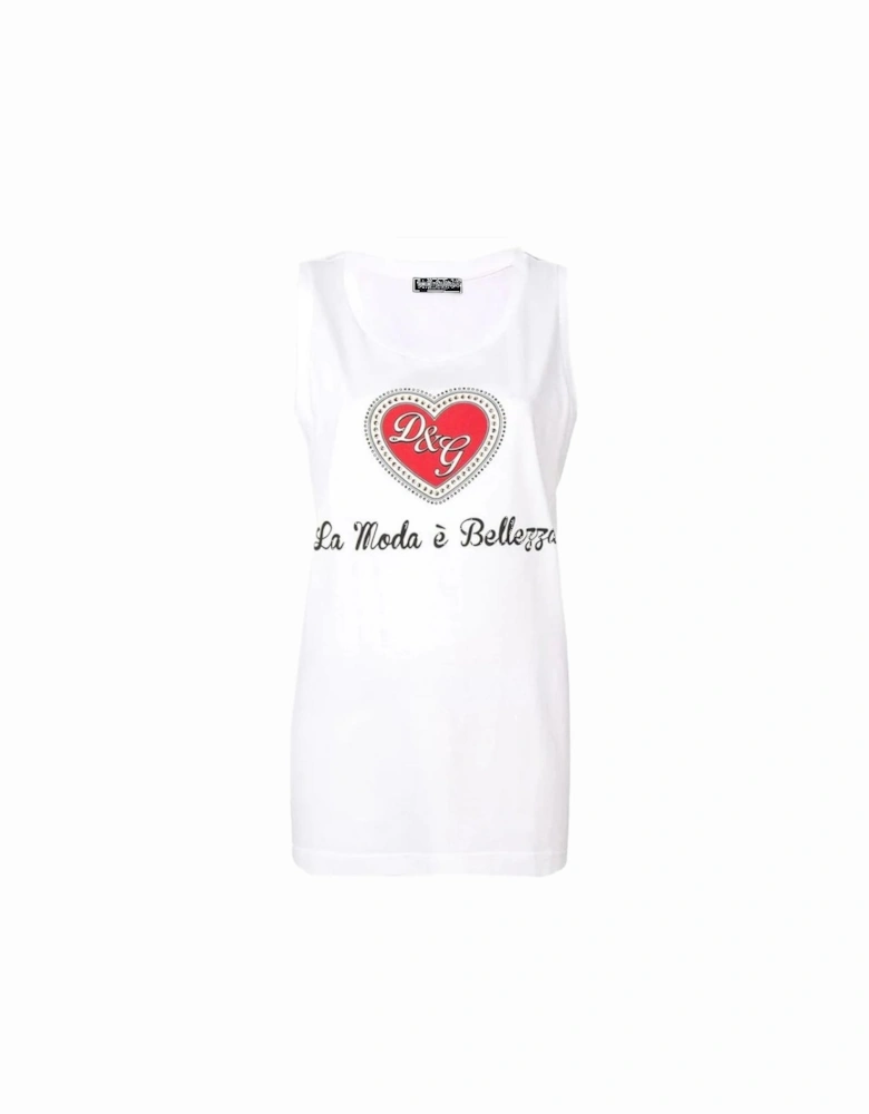 Heart Logo Cotton Tank Top with Diamond Decoration. Women - White