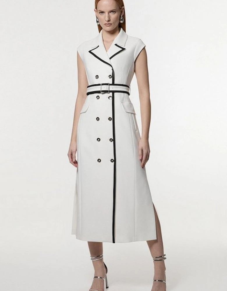 Compact Stretch Double Breasted Belted Tipped Tailored Midi Dress