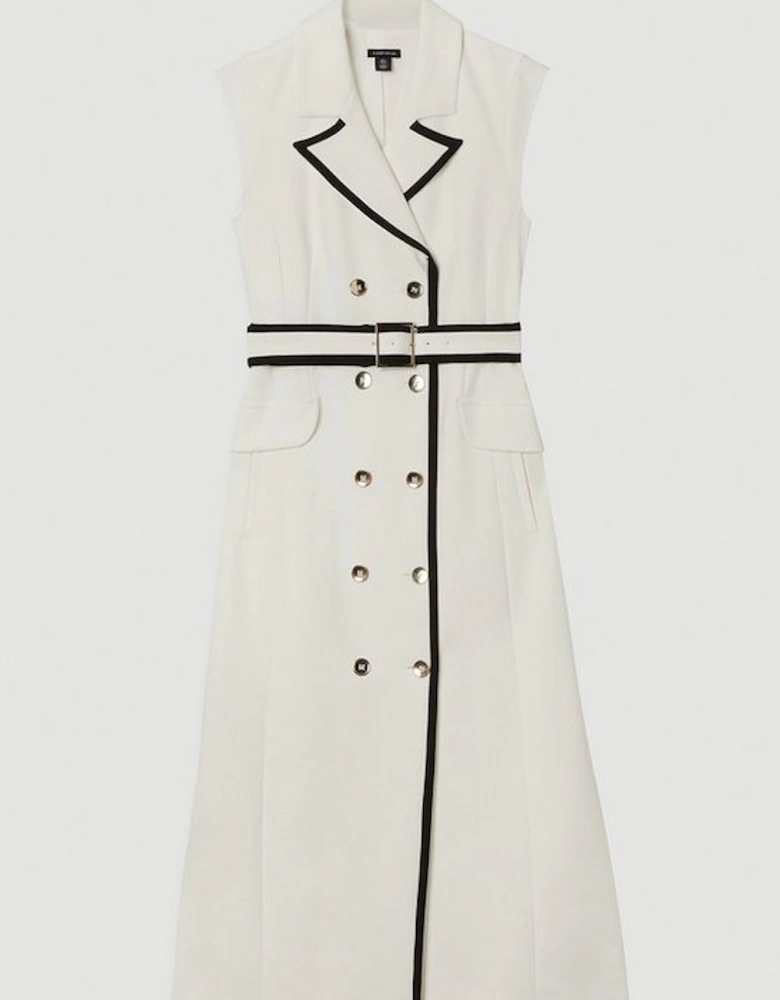 Compact Stretch Double Breasted Belted Tipped Tailored Midi Dress