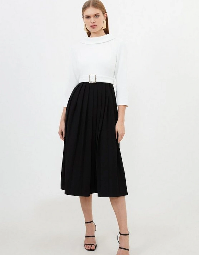 Tailored Structured Crepe Roll Neck Pleated Midi Dress