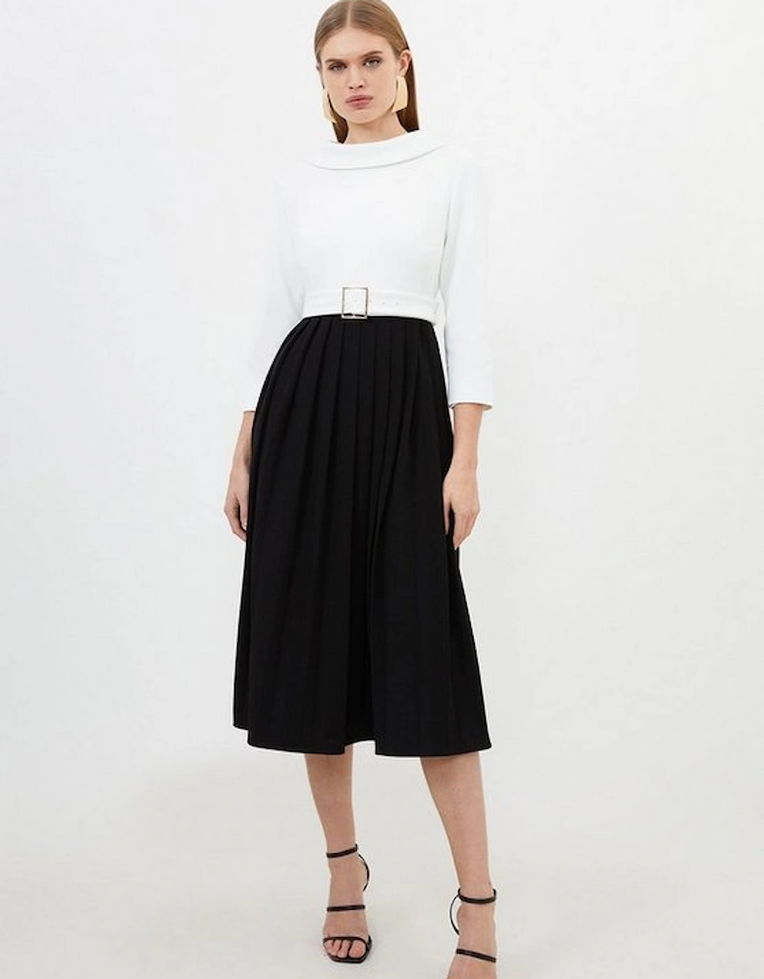 Tailored Structured Crepe Roll Neck Pleated Midi Dress, 5 of 4