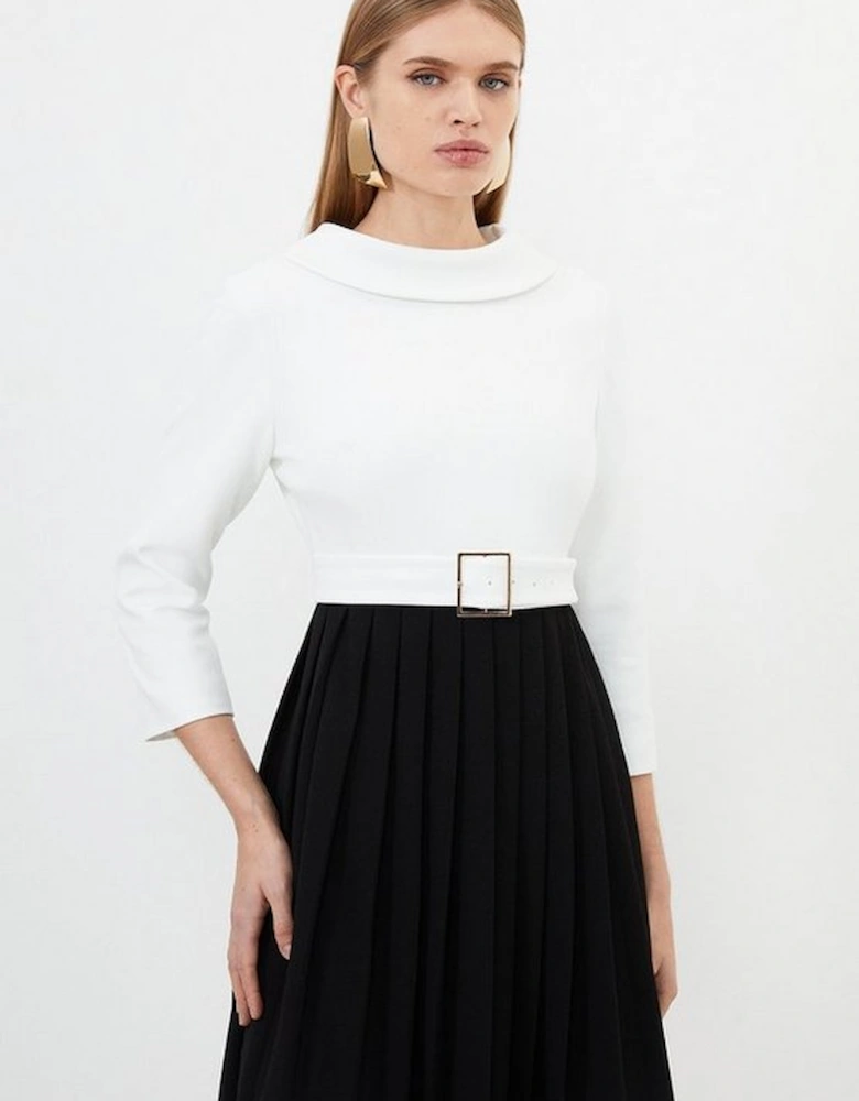 Tailored Structured Crepe Roll Neck Pleated Midi Dress