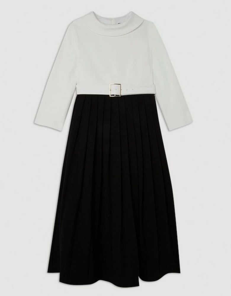 Tailored Structured Crepe Roll Neck Pleated Midi Dress