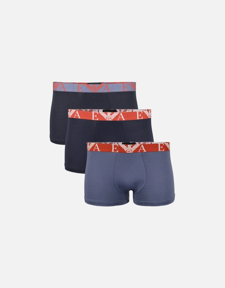 3-Pack Bold Monogram Boxer Trunks, Armani Blue/Vintage Indigo