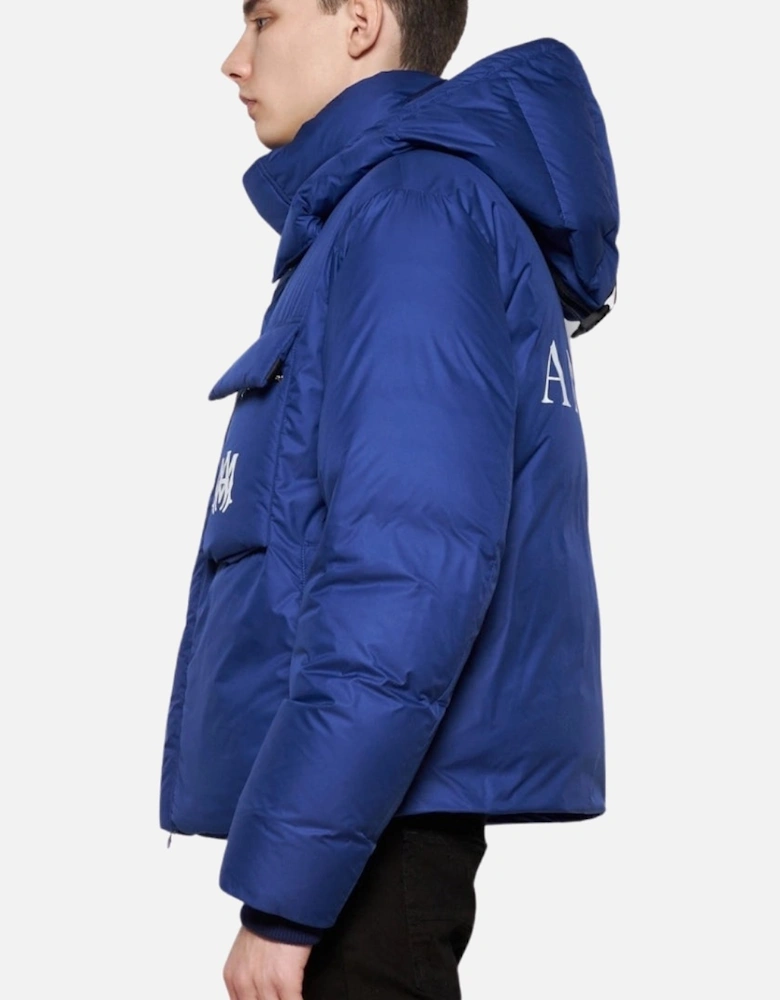 Bold Logo Blue Hooded Down Jacket