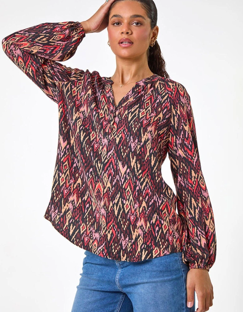 Aztec Print V-neck Cuff Sleeve Top - Orange