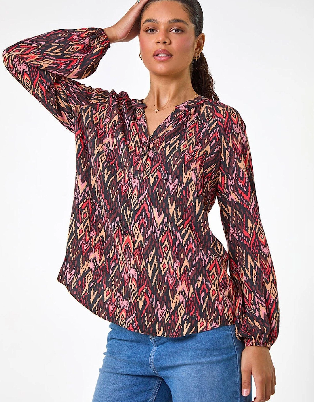 Aztec Print V-neck Cuff Sleeve Top - Orange, 2 of 1