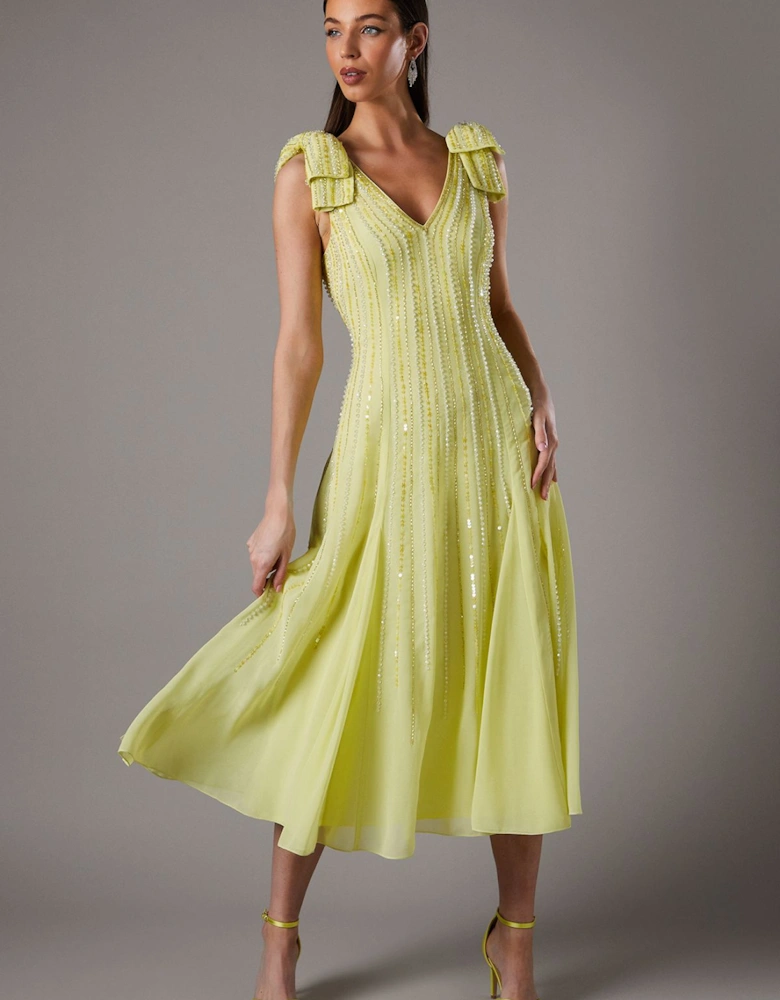 Bow Shoulder Embellished Midi Dress