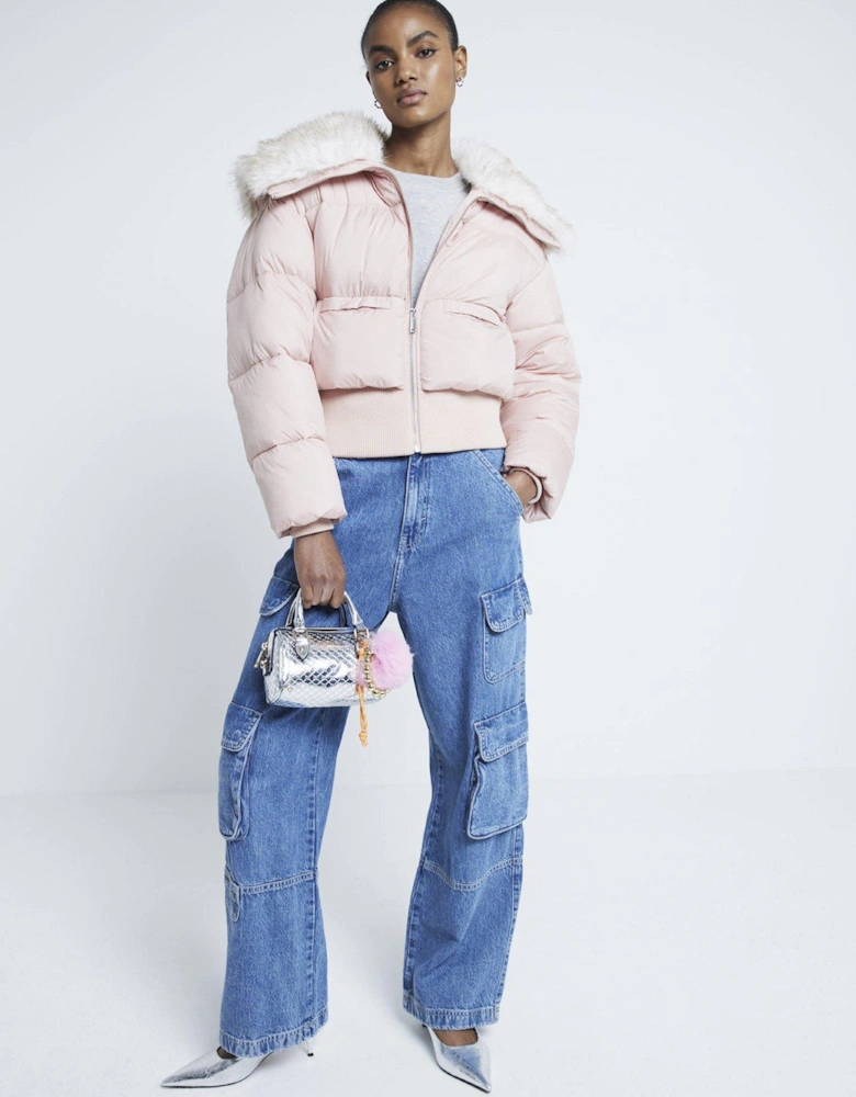 Padded Faux Fur Trim Bomber Jacket - Pink