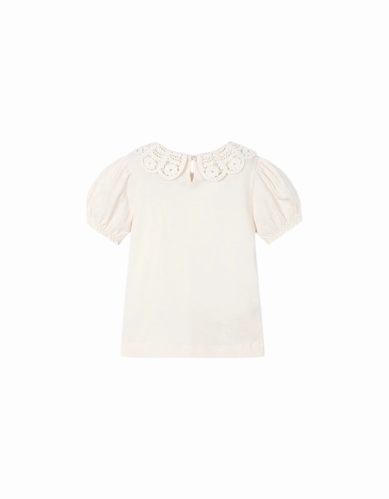 Girls Cream Crochet Collar T-Shirt