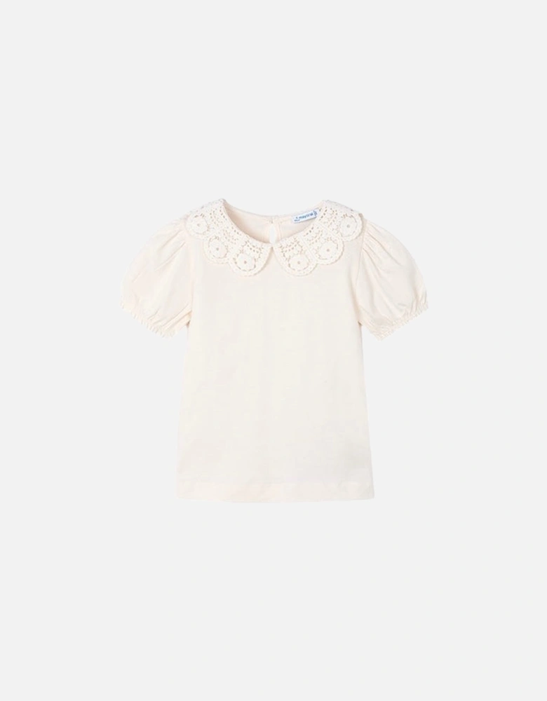 Girls Cream Crochet Collar T-Shirt