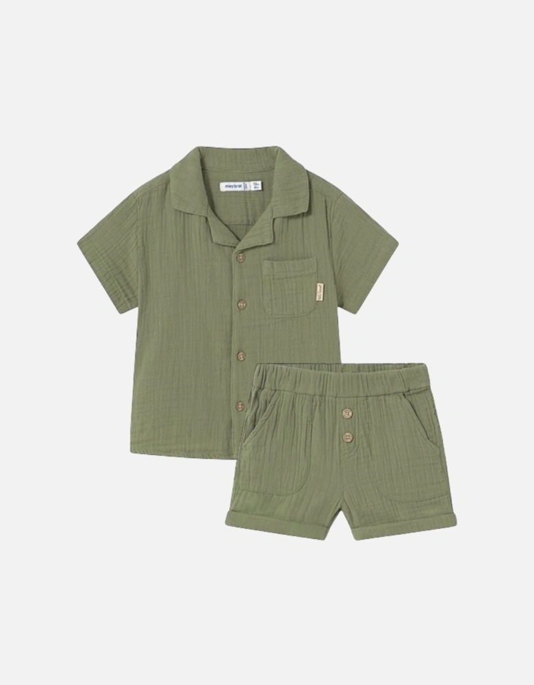 Boys Khaki Green Cotton Crinkle Short Set