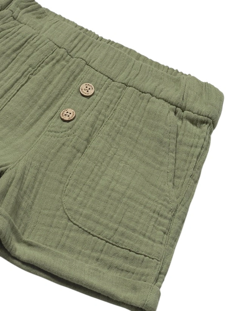 Boys Khaki Green Cotton Crinkle Short Set