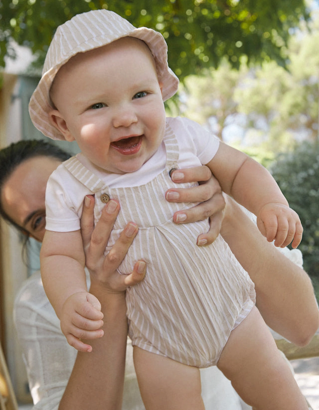 Boys Beige Stripe Romper and Hat