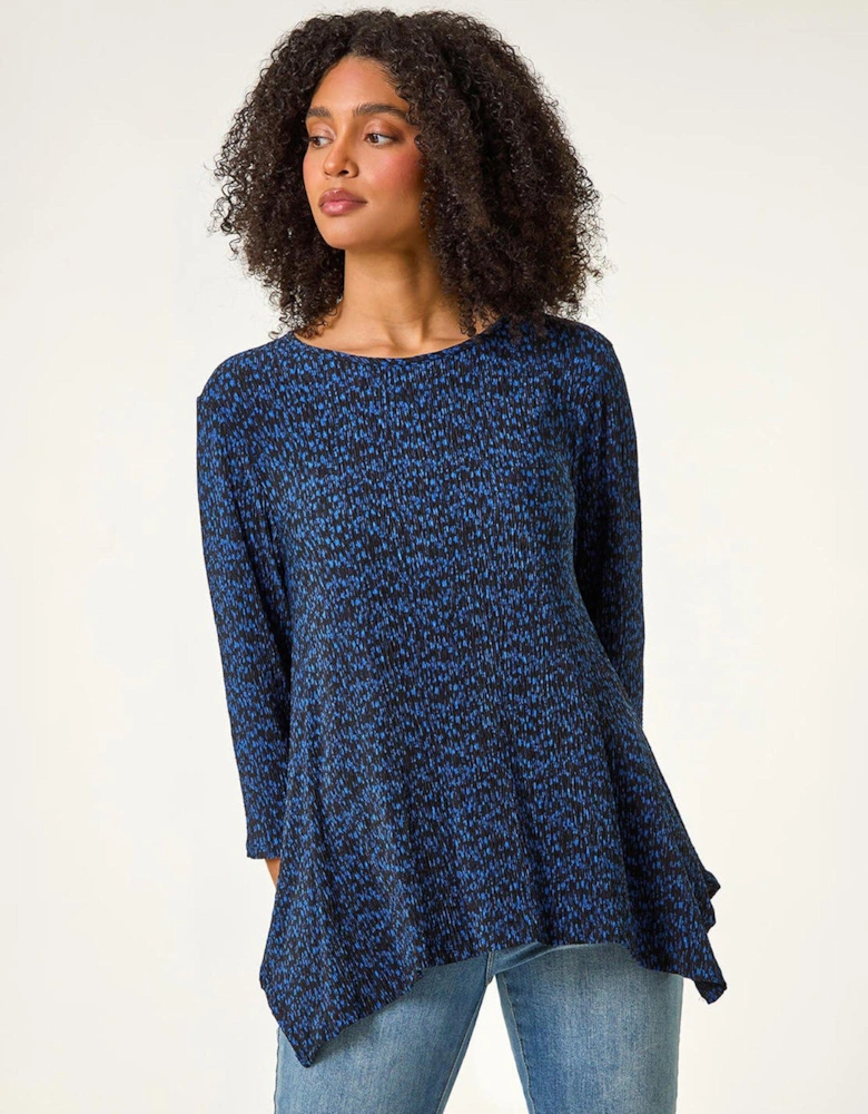 Printed Plisse Hanky Hem Tunic Stretch Top - Blue